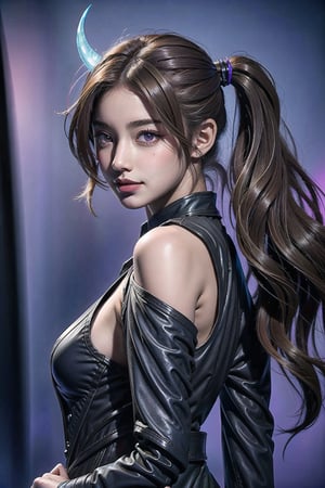 1 girl, brown hair, purple eyes, upper body, iron on shoulders, dynamic_pose, no_sleeves, facial features, dark background, splash of blue light, ultra hd, masterpiece, realistic, shy smile, Yu zhong, two purple horn, pony_tail
