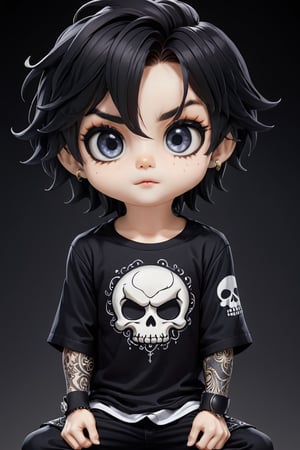 {{{masterpiece}}}, {{{best quality}}}, {{ultra-detailed}}, {beautiful detailed eyes}, 1boy, Ink hair, very long dark hair, Ink eyes, confused, squatting, stratosphere, upper body, Embroidered skull shirt,chibi emote style,chibi,emote