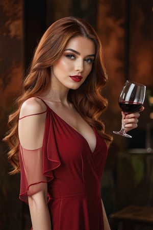 better photography, 1girl, solo, realistic, red long hair green eyes, brown hair, dress semi-transparent, looking at viewer, lips, makeup, lipstick, drinking a glass of wine correctly, rust background, parted lips, upper body, red lips,,<lora:659095807385103906:1.0>