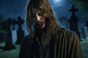 Zombie, 1man, long hair, night, realistic, high_resolution, high detail, realism, on cemetery