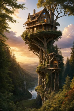 valley, wizard treehouse in the forest, , matte painting, highly detailed, dynamic lighting, cinematic, realism, realistic, photo real, sunset, detailed, high contrast, denoised, centered, michael whelan