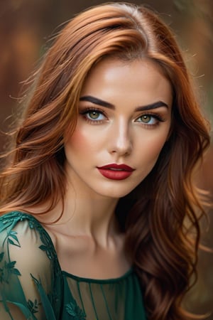 better photography, 1girl, solo, realistic, red long hair green eyes, brown hair, dress semi-transparent, looking at viewer, lips, makeup, lipstick, rust background, parted lips, upper body, red lips,,<lora:659095807385103906:1.0>