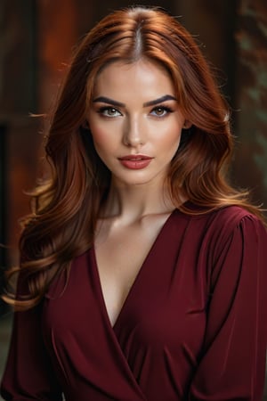 better photography, 1girl, solo, realistic, red long hair green eyes, brown hair, dress, looking at viewer, lips, makeup, lipstick, rust background, parted lips, upper body, red lips,,<lora:659095807385103906:1.0>