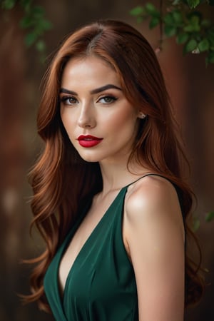 better photography, 1girl, solo, realistic, red long hair green eyes, brown hair, dress semi-transparent, looking at viewer, lips, makeup, lipstick, rust background, parted lips, upper body, red lips,,<lora:659095807385103906:1.0>