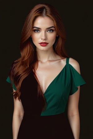 better photography, 1girl, solo, realistic, red long hair green eyes, brown hair, dress, looking at viewer, lips, makeup, lipstick, rust background, parted lips, upper body, red lips,,<lora:659095807385103906:1.0>