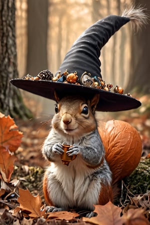 From beneath the brim of the witch's hat, a cute wild squirrel peeks out, its tiny face framed by the hat's enchanting adornments. With bright, curious eyes and twitching whiskers, it adds a whimsical touch to the mystical scene, embodying the playful spirit of nature amidst the magic of the witch's hat.,a1sw-InkyCapWitch