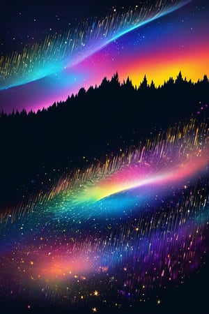 a mesmerizing cascade of color made from the twinkling dust of shooting stars on black night sky over a rolling hill, vibrant hues, depth, epic, perfect, masterpiece, NFT