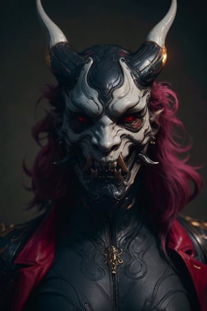 man mask with demon horns and vampire fangs, red eyes, goat horns, white face,Warframe,Jack o 'Lantern,mecha,oni_mask