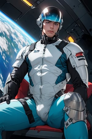 ((Best Quality, 8K, ultra-detailed, Masterpiece: 1.3)), 1boy, face focused, space helmet, shiny skin, sharp, Perfect Body Beauty, realistic shaded perfect body, (cute baby face:1.1),("wored  bodysuit, techwear,big bulge ":1.2),("leggins , armor":1.1),("glove, armor":1.1 ),(techwear)(dynamic pose:1.1), thigh , battle field , (bulge focus:1.2) ,aquat, sitting in a space jet and fighting, big bulge, armour