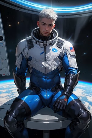 ((Best Quality, 8K, ultra-detailed, Masterpiece: 1.3)), 1boy, face focused, space helmet, shiny skin, sharp, Perfect Body Beauty, realistic shaded perfect body, (cute baby face:1.1),("wored  bodysuit, techwear,big bulge ":1.2),("leggins , armor":1.1),("glove, armor":1.1 ),(techwear)(dynamic pose:1.1), thigh , battle field , (bulge focus:1.2) ,aquat, sitting in a space jet and fighting, big bulge, armour