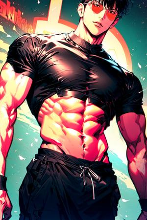 solo, fondo de la aldea konoha, mangas cortas, 1 hombre adulto, enfoque masculino, pantalones oscuros,,gafas, cabello rosado, musculoso, showing muscle, {{upper torso focused}}, [without glasses]