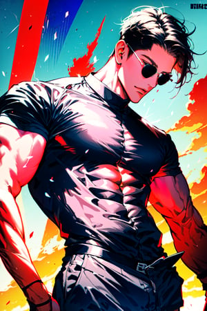 solo, fondo de la aldea konoha, mangas cortas, 1 hombre adulto, enfoque masculino, pantalones oscuros,,gafas, cabello rosado, musculoso, showing muscle, {upper torso focused}