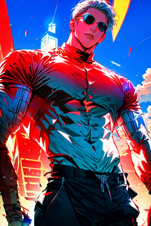 solo, fondo de la aldea konoha, mangas cortas, 1 hombre adulto, enfoque masculino, pantalones oscuros,,gafas, cabello rosado, musculoso, showing muscle, {{upper torso focused}}