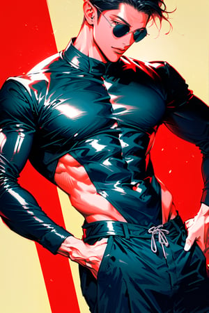 solo, fondo de la aldea konoha, mangas cortas, 1 hombre adulto, enfoque masculino, pantalones oscuros,,gafas, cabello rosado, musculoso, showing muscle, {{upper torso focused}}