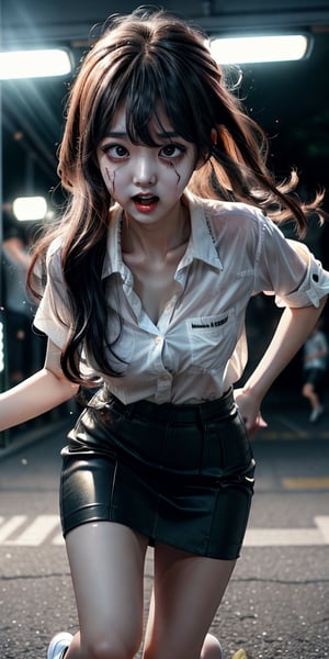 a cute korean large-eyed girl, open legs, bangs, 
1girl, multiple zombie boys, zombie, very torn shirt, scared, white shirt, pencil skirt, trapped, motion blur, Running away stance, 
masterpiece, best Quality, Tyndall effect, good composition, highly details, warm soft light, three-dimensional lighting, volume lighting, Film lighting