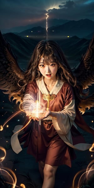 a cute korean large-eyed girl, open legs, bangs, 
awakening, release of supernatural powers, infinite energy, supernatural power surrounding the body, summoning of holy power, fusion, God Phoenix, 
masterpiece, best Quality, Tyndall effect, good composition, highly details, warm soft light, three-dimensional lighting, volume lighting, Film lighting