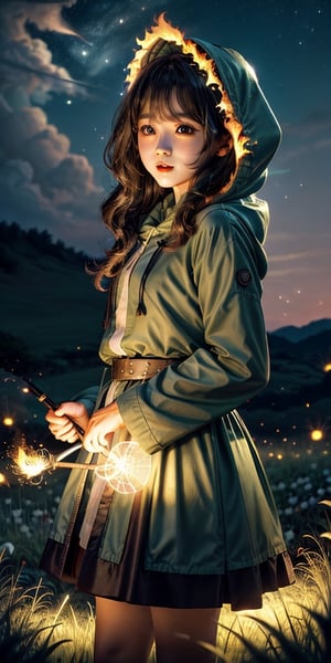 a cute korean large-eyed girl, bangs, elf, wizard, magic effect, fireelement, swirling flames, hood, staff, meadow, super detailed background, style-swirlmagic:0.6, 
masterpiece, best Quality, Tyndall effect, good composition, highly details, warm soft light, three-dimensional lighting, volume lighting, Film light,firefliesfireflies,night sky