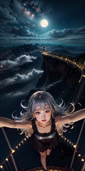 a cute korean large-eyed girl, open legs, bangs, 
fantasy,((sky walk)),Princess,starry sky,big moon,((from top)),((foreshortening)),detailed and intricate, silver hair, absurdly long hair,long messy hair, 
masterpiece, best Quality, Tyndall effect, good composition, highly details, warm soft light, three-dimensional lighting, volume lighting, Film lighting