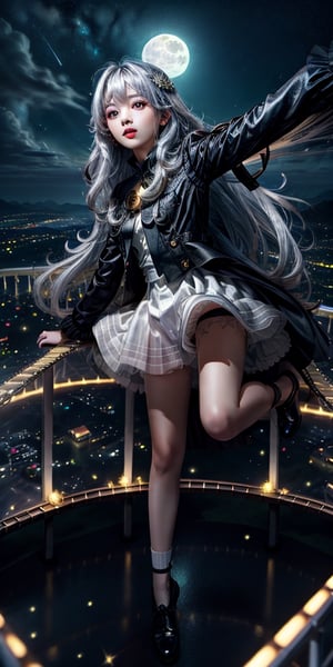 a cute korean large-eyed girl, open legs, bangs, 
fantasy,((sky walk)),Princess,starry sky,big moon,((from top)),((foreshortening)),detailed and intricate, silver hair, absurdly long hair,long messy hair, 
masterpiece, best Quality, Tyndall effect, good composition, highly details, warm soft light, three-dimensional lighting, volume lighting, Film lighting