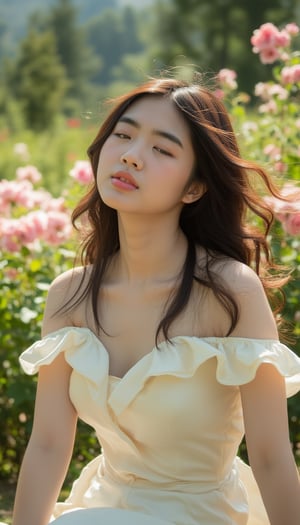 A Korean girl sits elegantly in a garden, surrounded by blooming rose bushes. taking in the sweet fragrance of the flowers and the gentle caress of the breeze. The warm sunlight casts a soft glow on her features, accentuating her delicate skin tone. Her long hair flows gently in the wind, framing her peaceful expression.