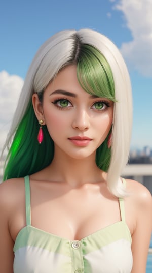 1 girl, Nahida, chibi, white hair, side_ponytail, white thick eyebrows, (green eyes:1.5), beautiful detail eyes, best quality, 2d, cute, cartoon, sky background, best quality, masterpiece, majestic, multicolored_hair, pointy-ears,nahida, one_eye_closed,pov
