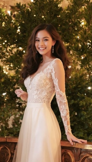 A young woman stands proudly on an ornate altar, surrounded by lush greenery and soft golden lighting. She wears a stunning short wedding dress with delicate lace details, her curly hair styled in loose waves. The dress's sweetheart neckline accentuates her bright smile as she strikes a confident pose, one hand resting on the altar's intricately carved wooden edge.