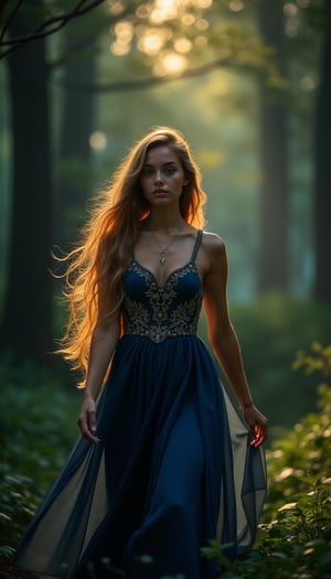 Within a lush forest's twilight veil, a captivating 19-year-old beauty emerges, hazel eyes shimmering like moonlit pools. She wears a Navy Blue shortdress adorned with intricate embroidery, its flowing silhouette reminiscent of ancient mythological tales. Her golden tresses cascade down her back like a river of sunset hues. Dramatic store lighting casts an ethereal glow upon her radiant features as she glides down the aisle, her majestic pose frozen in time. The camera's gaze zooms in on every meticulous detail, capturing the forest's dark mystery and mystical atmosphere in breathtaking 8K resolution.