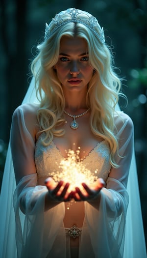 A mesmerizing cinematic shot captures a stunning blonde teenage witch, standing tall in her pale-hued cosplay costume. The witch's eyes gleam with an otherworldly intensity as she casts a spell, her full body posed in a dramatic arc. Soft, luminescent light emanates from her hands, bathing the scene in an ethereal glow. Sharp focus and vibrant colors bring every detail to life: the intricate details of her costume, the wispy tendrils of magic swirling around her midriff, and the dark night sky behind her. In the foreground, a subtle aura of light dances across her skin, as if infused with the very essence of magic.