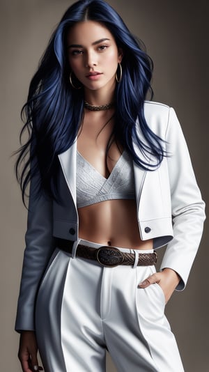Hyper-realistic portrait of a woman standing confidently against a neutral background, her piercing blue eyes intensely focused on the viewer's gaze. Her long, flowing blue hair cascades over her shoulders like a river of midnight sky, complementing her sleek white jacket with long sleeves and matching pants. A braided belt cinches at her waist, accentuating her curves. Subtle makeup enhances her natural beauty, while matching nail polish adds a touch of elegance. Hoop earrings frame her face, drawing attention to her striking features as she exudes an air of sophistication.