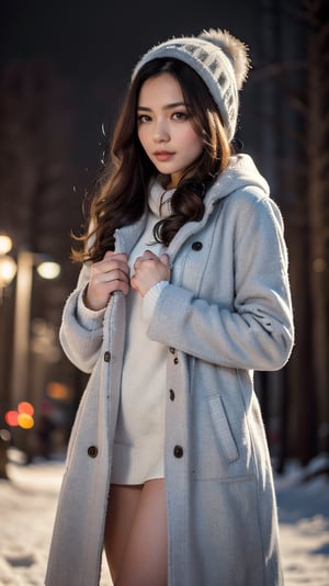 Cute girl with long hair stands confidently in a winter wonderland, wearing a big, fashion-forward coat over a hoodie. Her gaze lifts up towards the sky as snowflakes gently fall around her on a night cityscape. The 4K, ultra HD, RAW photo captures every detail of her beautiful skin and white complexion under the dynamic lights of Christmas decorations. A medium shot from 50mm framing, half-body pose showcases her elegance against the snow-covered backdrop. The warm glow of festival lights enhances the atmosphere, creating a masterpiece of photography.