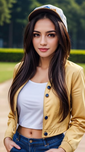 4k,best quality,masterpiece,1girl,(cropped jacket),(demin pant), smile,baseball cap,

(Beautiful and detailed eyes),
Detailed face, detailed eyes, double eyelids ,thin face, real hands,
((short hair with long locks:1.2)),brown-hair, white background,


real person, color splash style photo,
