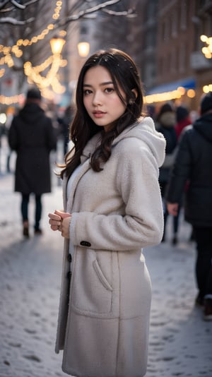 Cute girl with long hair stands confidently in a winter wonderland, wearing a big, fashion-forward coat over a hoodie. Her gaze lifts up towards the sky as snowflakes gently fall around her on a night cityscape. The 4K, ultra HD, RAW photo captures every detail of her beautiful skin and white complexion under the dynamic lights of Christmas decorations. A medium shot from 50mm framing, half-body pose showcases her elegance against the snow-covered backdrop. The warm glow of festival lights enhances the atmosphere, creating a masterpiece of photography.