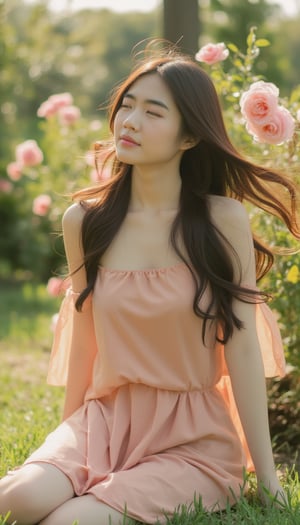 A Korean girl sits elegantly in a garden, surrounded by blooming rose bushes. taking in the sweet fragrance of the flowers and the gentle caress of the breeze. The warm sunlight casts a soft glow on her features, accentuating her delicate skin tone. Her long hair flows gently in the wind, framing her peaceful expression.