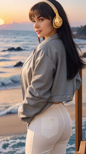 Golden Hour on the Coast: A Dreamgirl's Moment. Framed by the serene Japanese shoreline, a stunning beauty stands out against the vibrant sunset hues. Her honey brown locks cascade down her back, straight bangs framing her heart-shaped face. Wearing 90s-inspired white baggy pants and a grey jacket, she exudes effortless cool. Classic art headphones adorn her neck, adding to her quirky charm. As the sun dips low, her mid-length layered cut glows in the soft golden light, showcasing her fashion-forward hairstyle. Her stylish makeup and bold features shine like a beacon against the dramatic sea-sunset backdrop, captured with meticulous detail on 66mm film.