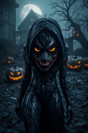 A demonic gaze burns bright as Female Venom's piercing stare fills the frame, her ripped mask exposing a menacing intensity. She stands poised amidst a scary old house at night, fog and debris shrouding the moonlit backdrop like a haunted tomb. The dark, damp air is heavy with tension as she prepares to unleash hell, surrounded by twisted jack-o'-lanterns that seem to leer in malevolent glee.