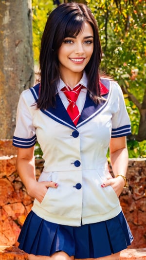 (best quality, masterpiece, ultra detailed, 8K, RAW photo), absuredres, a beautiful student model, long black hair with blunt bangs, school uniform,, parted greasy lips,kind smile,intricate, bliss, joyful, vibrant color, 