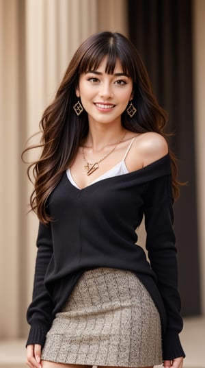 background is Paris,
18 yo, 1 girl, beautiful korean girl,fashion model,
wearing tight sweater,short skirt(chess pattern),shoulder bag(Louis Vuitton),happy laugh,cloth blowing by wind, solo, {beautiful and detailed eyes}, dark eyes, calm expression, delicate facial features, ((model pose)), Glamor body type, (dark hair:1.2), simple tiny earrings, simple tiny necklace,very_long_hair, hair past hip, bangs, curly hair, flim grain, realhands, masterpiece, Best Quality, 16k, photorealistic, ultra-detailed, finely detailed, high resolution, perfect dynamic composition, beautiful detailed eyes, eye smile, ((nervous and embarrassed)), sharp-focus, full_body, cowboy_shot,
