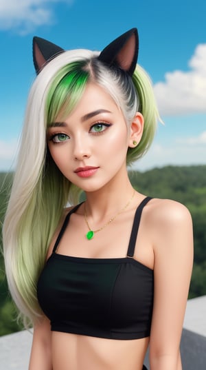 1 girl, Nahida, chibi, white hair, side_ponytail, white thick eyebrows, (green eyes:1.5), beautiful detail eyes, best quality, 2d, cute, cartoon, sky background, best quality, masterpiece, majestic, multicolored_hair, pointy-ears,nahida, one_eye_closed,pov