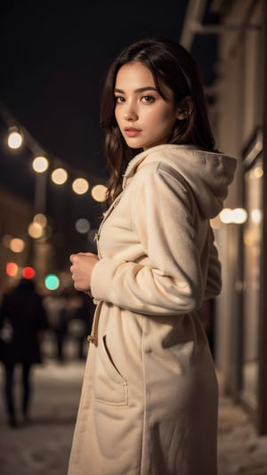 Cute girl with long hair stands confidently in a winter wonderland, wearing a big, fashion-forward coat over a hoodie. Her gaze lifts up towards the sky as snowflakes gently fall around her on a night cityscape. The 4K, ultra HD, RAW photo captures every detail of her beautiful skin and white complexion under the dynamic lights of Christmas decorations. A medium shot from 50mm framing, half-body pose showcases her elegance against the snow-covered backdrop. The warm glow of festival lights enhances the atmosphere, creating a masterpiece of photography.