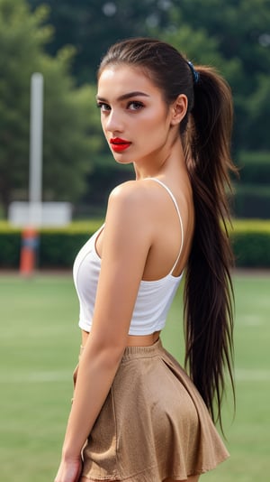 Realisticstyle,Master masterpieces,hyper qualit,Girls in sports,short  skirt, long brown hair, pony tail on top of head, cray eyes, yllow highlights in hair, red lips
