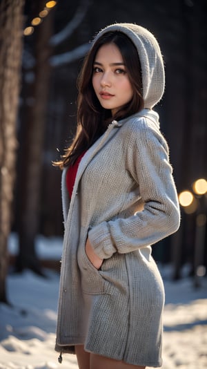 Cute girl with long hair stands confidently in a winter wonderland, wearing a big, fashion-forward coat over a hoodie. Her gaze lifts up towards the sky as snowflakes gently fall around her on a night cityscape. The 4K, ultra HD, RAW photo captures every detail of her beautiful skin and white complexion under the dynamic lights of Christmas decorations. A medium shot from 50mm framing, half-body pose showcases her elegance against the snow-covered backdrop. The warm glow of festival lights enhances the atmosphere, creating a masterpiece of photography.