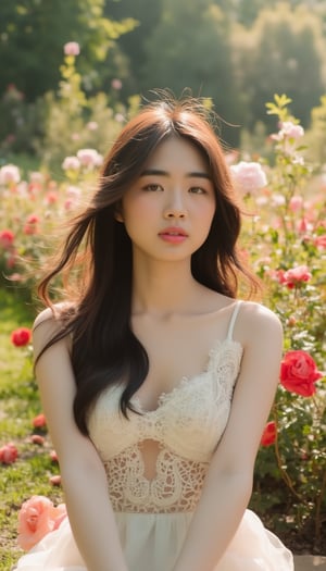 A Korean girl sits elegantly in a garden, surrounded by blooming rose bushes. taking in the sweet fragrance of the flowers and the gentle caress of the breeze. The warm sunlight casts a soft glow on her features, accentuating her delicate skin tone. Her long hair flows gently in the wind, framing her peaceful expression.