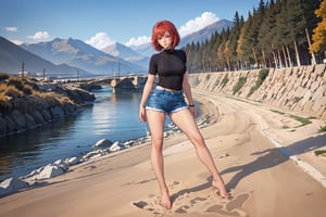 1girl, solo, slim, red hair, bob cut, bangs, black shirt, short sleeves, turtleneck, blue jean short, bare feet, standing, [mountain | river], coudy sky, cinematic lighting, front view,milf