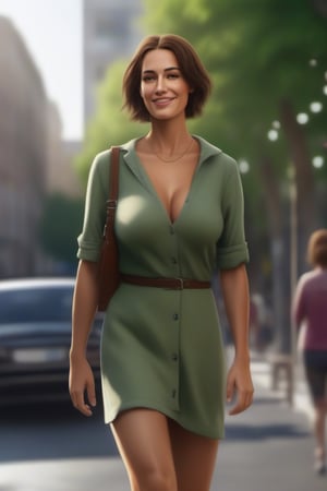 photorealistic image, cinematic, 4k, good lighting,
Full body photo, centered on the image,
35 year old woman walking down the street. Taking a step in profile, he smiles at the camera.
Brunette woman, tanned skin, short hair, straight hair, green eyes, very pretty, 1.80 meters tall, weighs 70 kilos, large breasts measuring 120 centimeters, very sensual strong thighs. Dress in a short dress,
You are walking through a modern city, there are shops and cars.