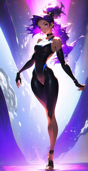 \\Beautiful woman\\, (magenta eyes), ((purple hair with magenta tips)), glowing eyes:1.4, bangs, long flowing wavy hair, hourglass body shape in a ((purple_one-piece_swimsuit:1.4)), detailed eyes, normal breasts quality, slim waist, (slim thick body), ((full body)), purple leather fingerless gloves,  purple thigh-high vinyl stocking, a samurai sword, flowing magenta belt, midjourney