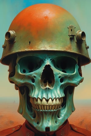 a painting in style of zdzislaw beksinski, greenish and blueish colors, the head which looks like a skull in a soldier helmet, the head directly looking into the camera, the background colors in orangish red