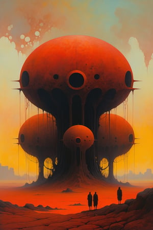 a painting in style of zdzislaw beksinski, reddish and yellowish background, undefined creatures in the foreground