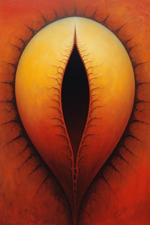 a vagina in style of zdzislaw beksinski, reddish and yellowish background, close up