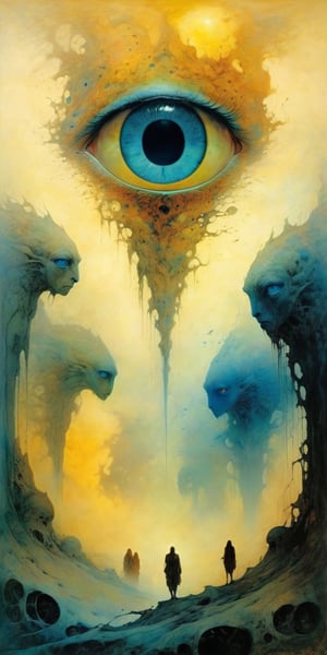 a painting in style of zdzislaw beksinski, reddish and yellowish background, undefined creatures in the foreground
include a girl with extremely blue eyes in the middle of the picture
