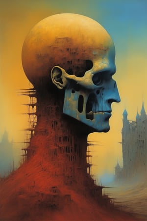 a painting in style of zdzislaw beksinski of a painting amed AC84, reddish and yellowish background, the head in the foreground ni blueish colors 